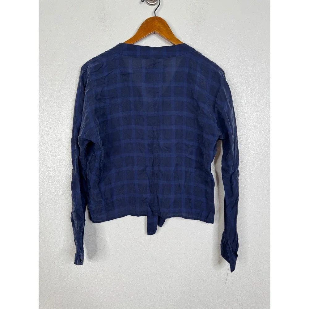 Rails Sloane Navy Tonal Plaid Cupro Tie Front Blouse V-Neck Long Sleeve Small
